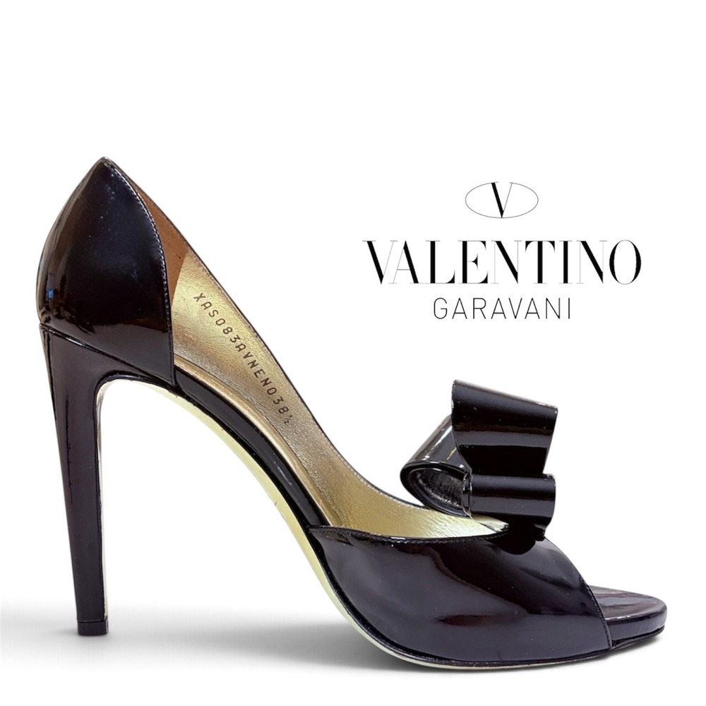 Valentino Garavani Size 38.5 Black Gold Patent Leather Bow D'Orsay Pumps